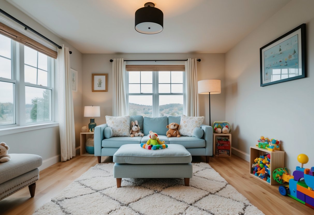 A cozy living room with a soft bed, toys, and a window view for natural light