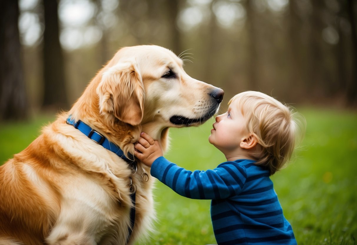 A golden retriever gently nuzzles a small child, their eyes locked in a tender moment of trust and companionship
