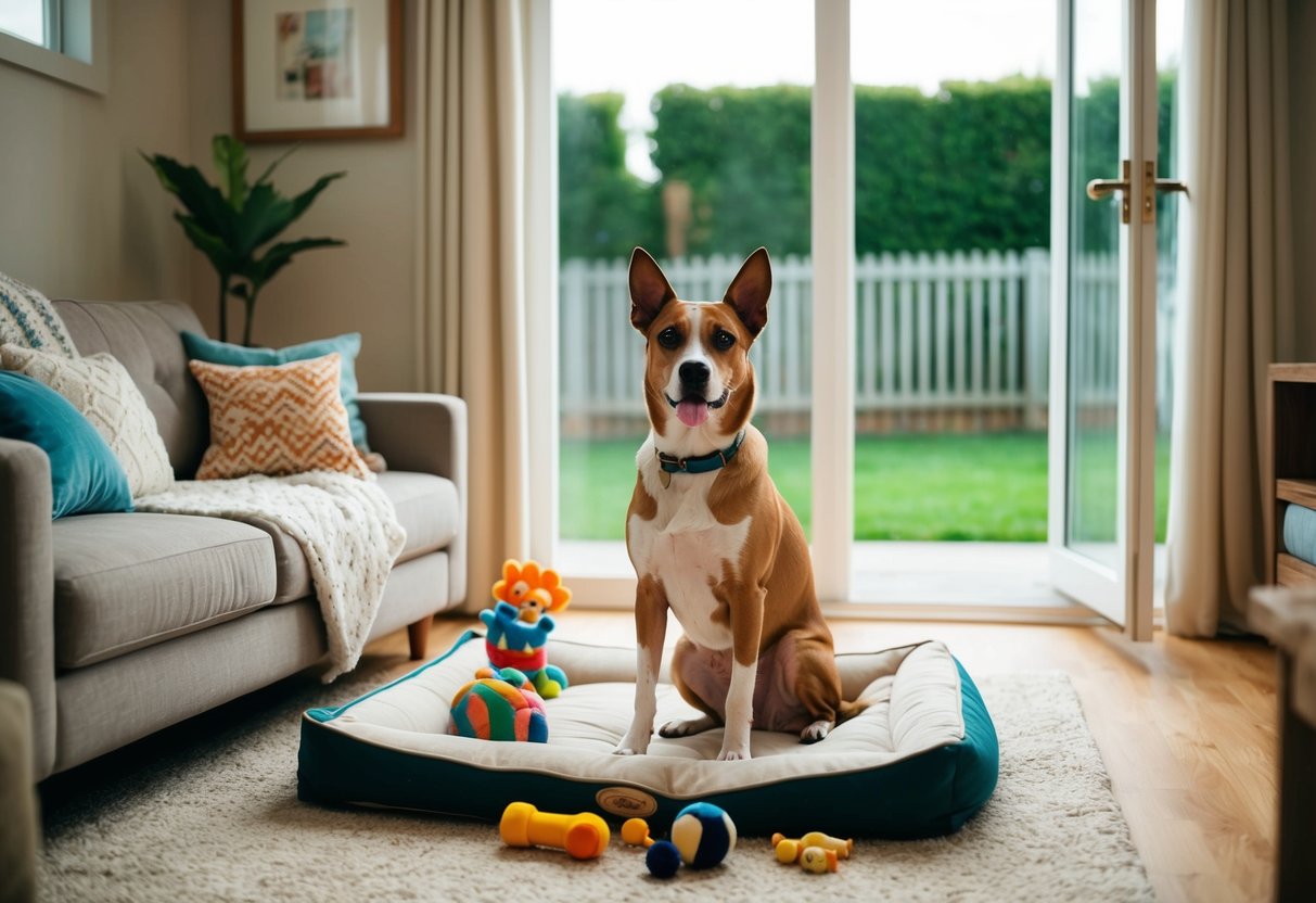A dog sitting in a cozy living room surrounded by toys, a comfortable bed, and an open door leading to a fenced backyard