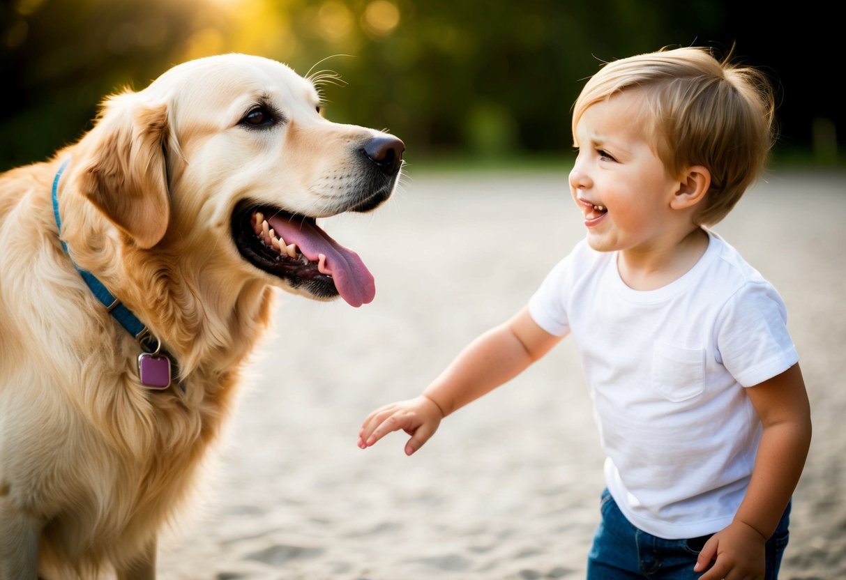 A golden retriever wagging its tail, tongue out, and eagerly approaching a child with a big smile