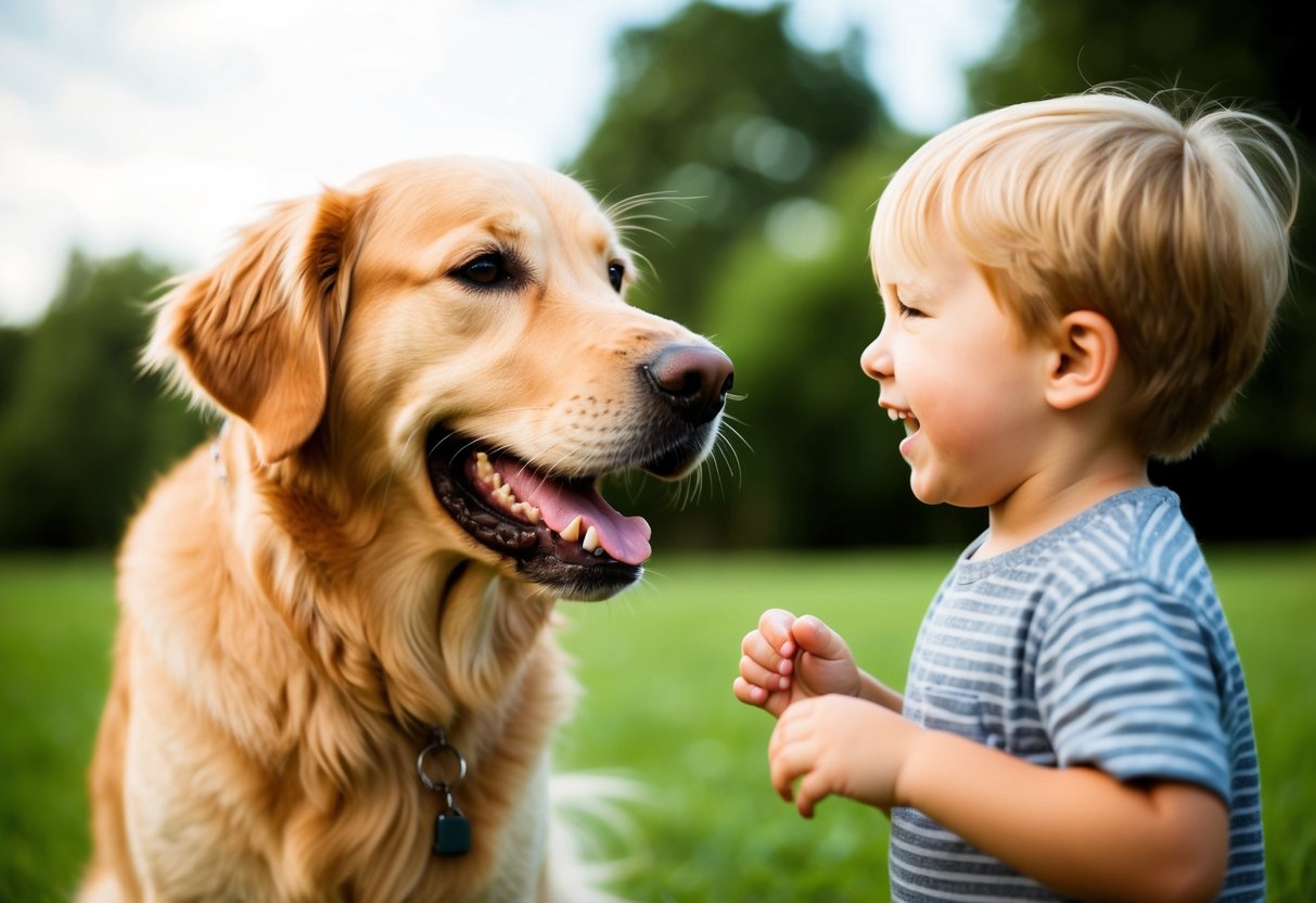 A golden retriever eagerly greets a smiling child with a wagging tail and a playful demeanor