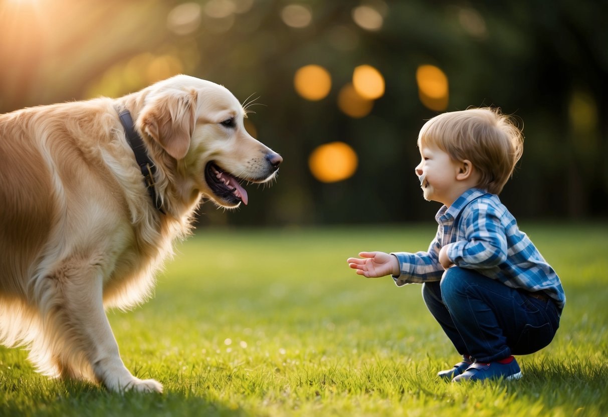 A Golden Retriever wagging its tail and approaching a smiling child