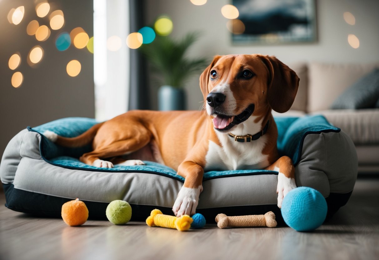 A happy, relaxed dog of the Basenji breed lounging on a comfortable bed, surrounded by toys and treats