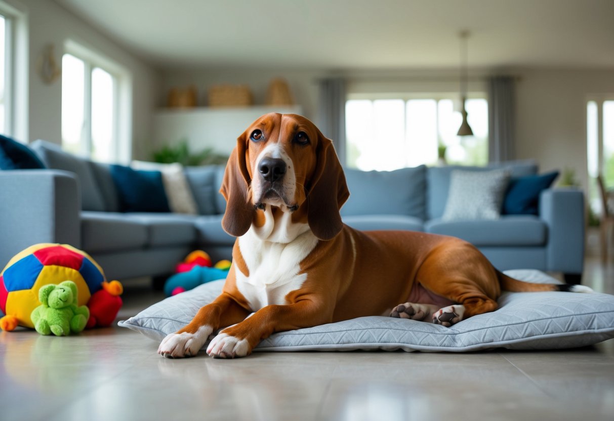 A confident and independent dog breed, such as a Basenji or a Basset Hound, lounging contentedly in a spacious and well-lit living room, surrounded by toys and comfortable bedding