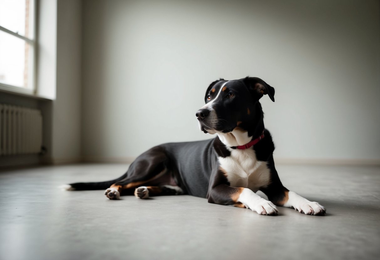A calm, confident dog breed lounges contentedly in an empty room, showing no signs of distress or anxiety