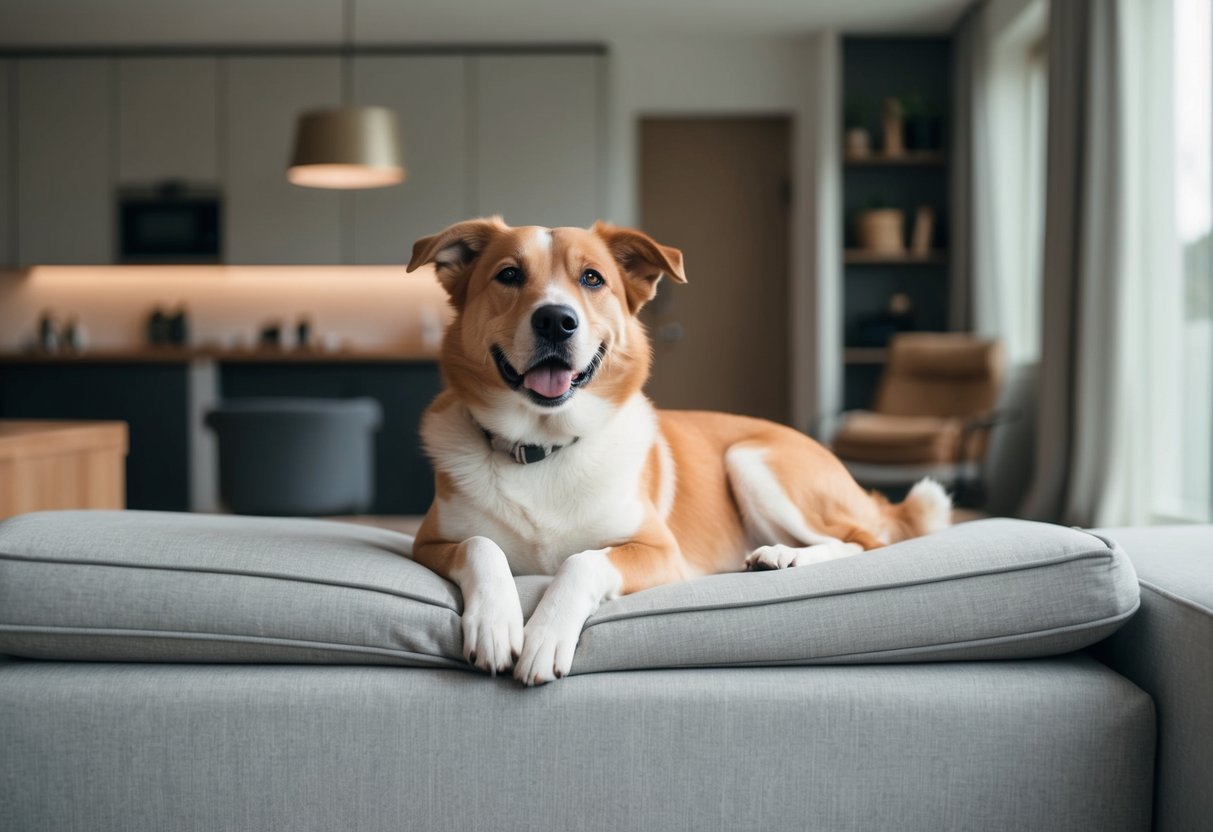 A confident and contented dog breed lounging in a spacious and comfortable environment, showing no signs of distress or anxiety when left alone