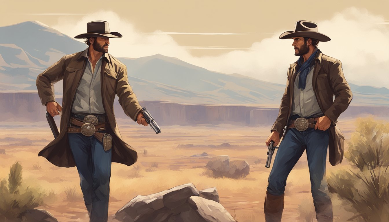 A tense showdown between two rugged cowboys, each standing tall with a steely gaze, ready to draw their guns in a high noon duel