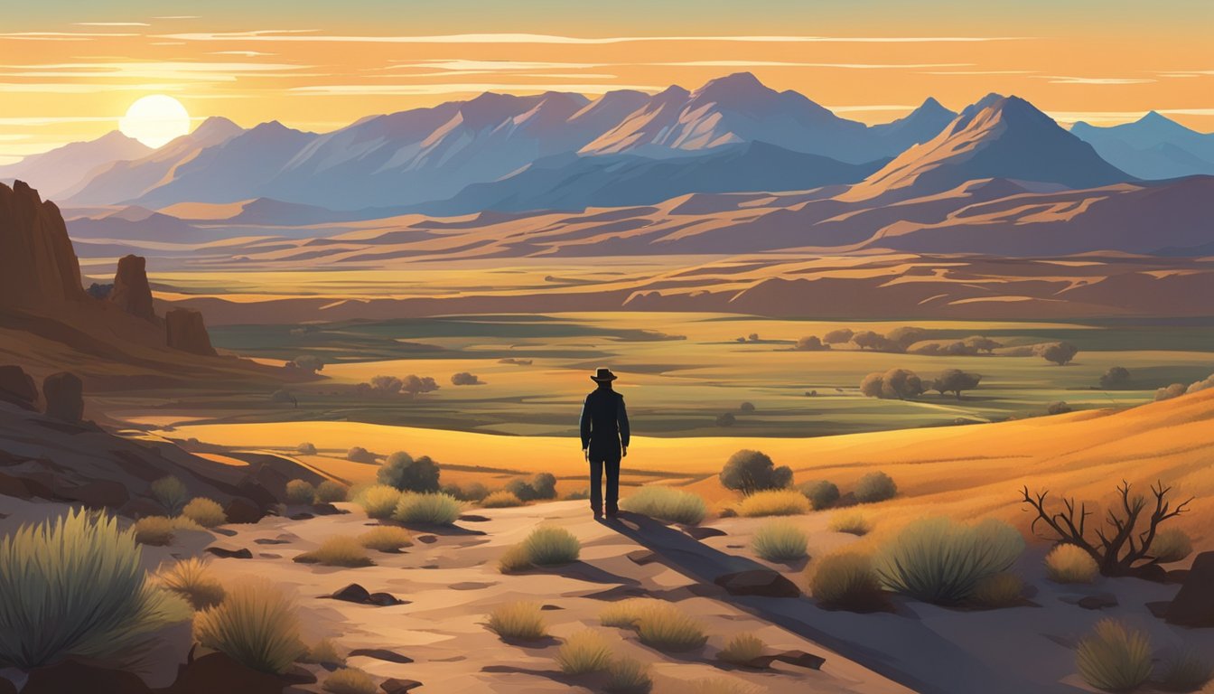 A lone figure stands amidst rugged western landscape, a sprawling ranch in the distance. The sun sets behind dramatic mountains, casting long shadows