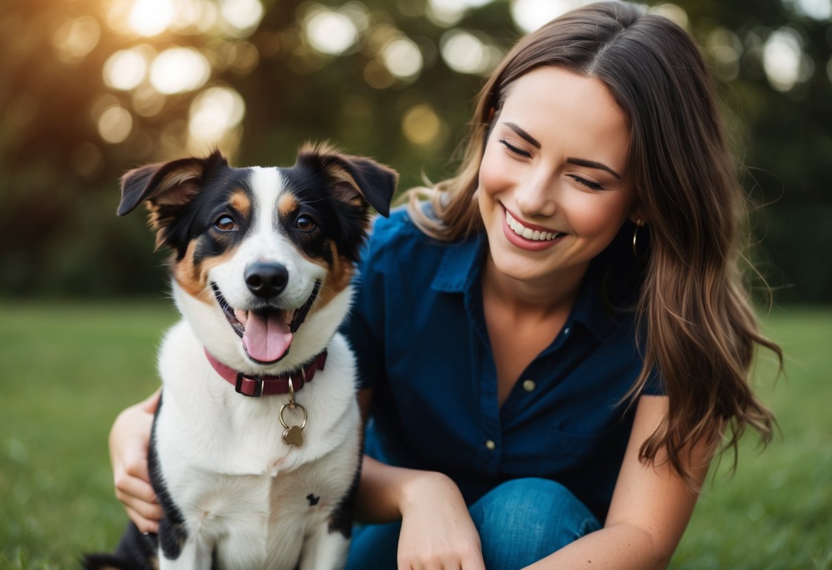 A boy dog happily sits beside a smiling woman, wagging his tail