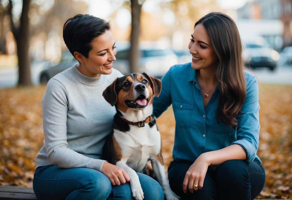 A boy dog sitting next to a female owner, wagging its tail and looking up at her with a relaxed and content expression