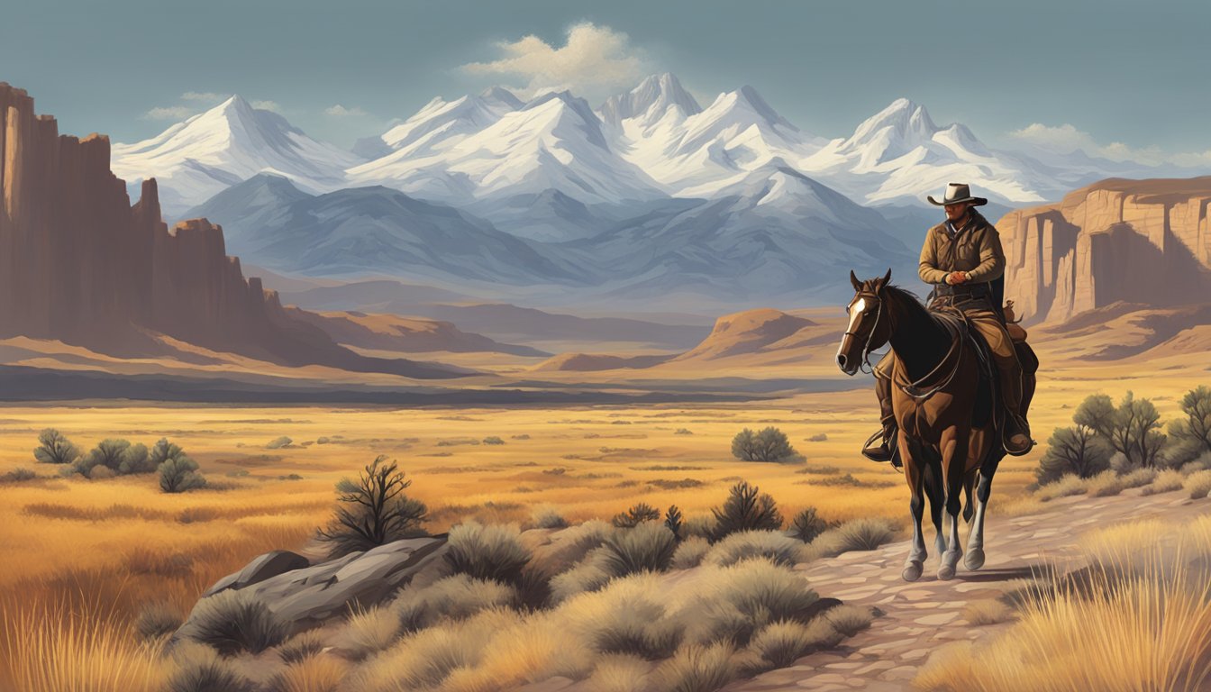 A rugged cowboy on horseback surveys the vast, untamed landscape of the American West, with a dramatic mountain range in the background