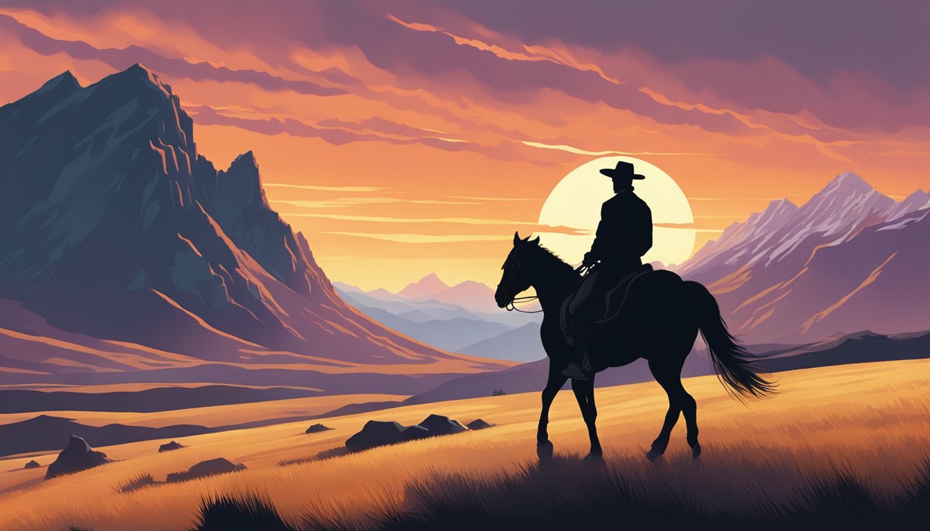 A lone figure on horseback silhouetted against a dramatic sunset, with rugged mountains in the background