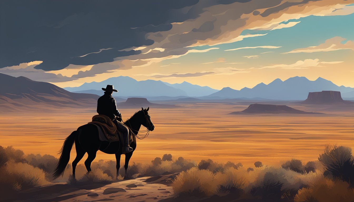 A rugged, vast western landscape with a lone figure on horseback, silhouetted against a dramatic sky