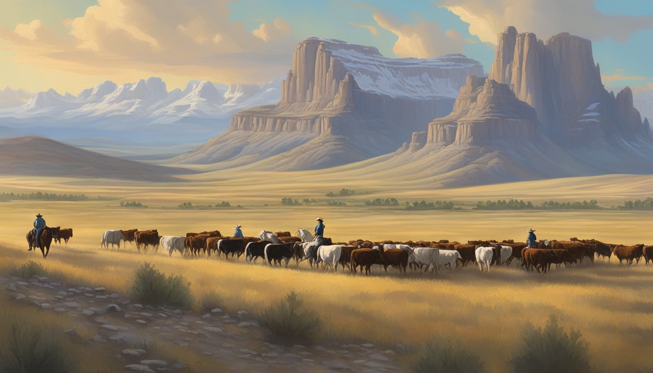 A sprawling ranch with cowboys herding cattle under the vast Wyoming sky, while a lone figure rides through the rugged landscape