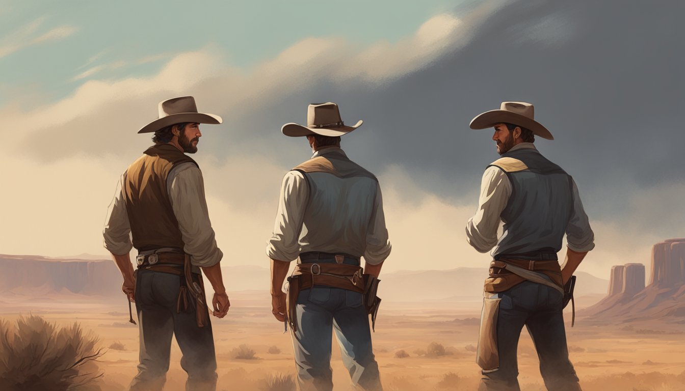 A tense standoff between two rugged cowboys, their eyes locked in a silent battle of wills as the dusty western landscape stretches out behind them