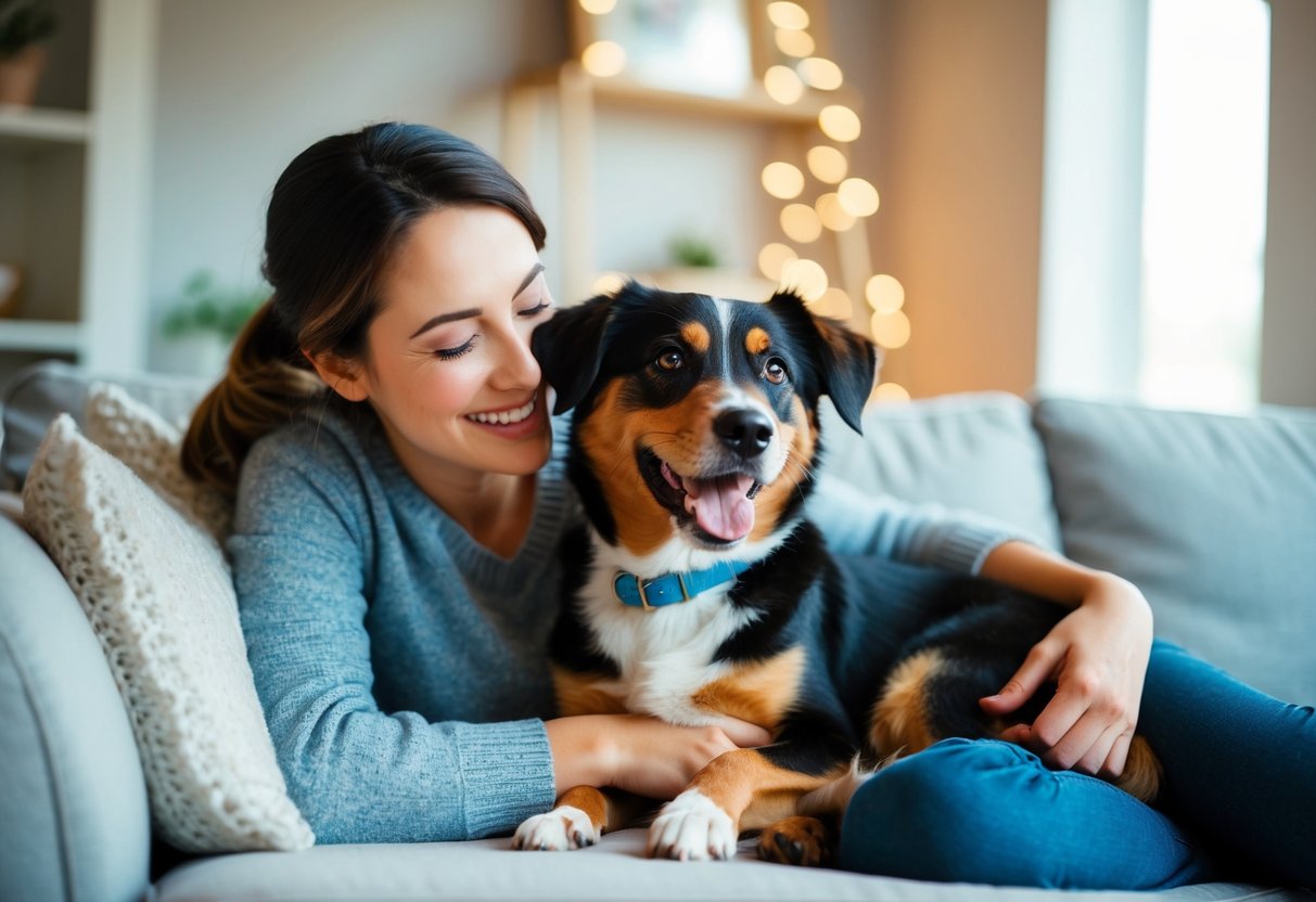 A boy dog eagerly wagging his tail while cuddling with his female owner on a cozy couch