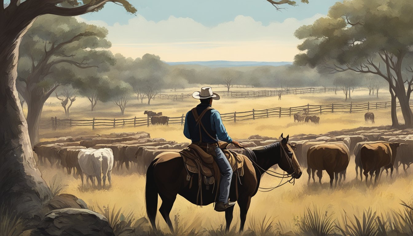 A rugged cowboy surveys his vast cattle ranch, while a freed slave rides through a plantation, both exuding power and influence