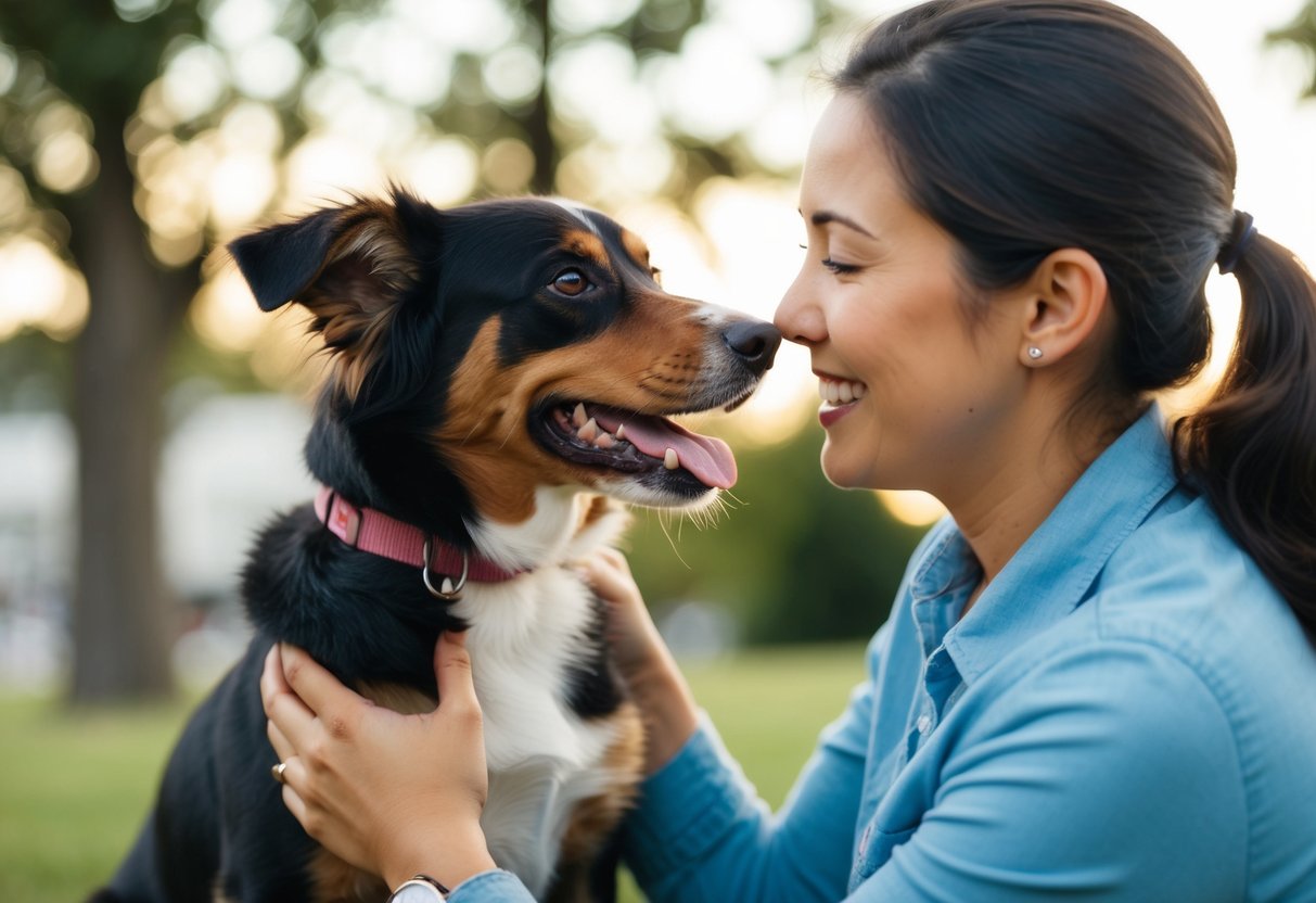 A boy dog nuzzles up to a woman, wagging his tail eagerly as she pets him affectionately