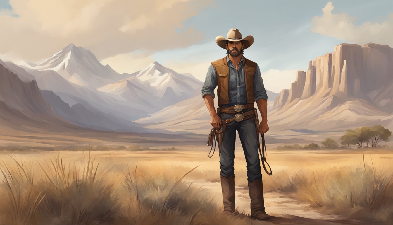 A rugged cowboy stands tall in a vast, open landscape, with a majestic mountain range in the distance. His weathered face shows determination and strength