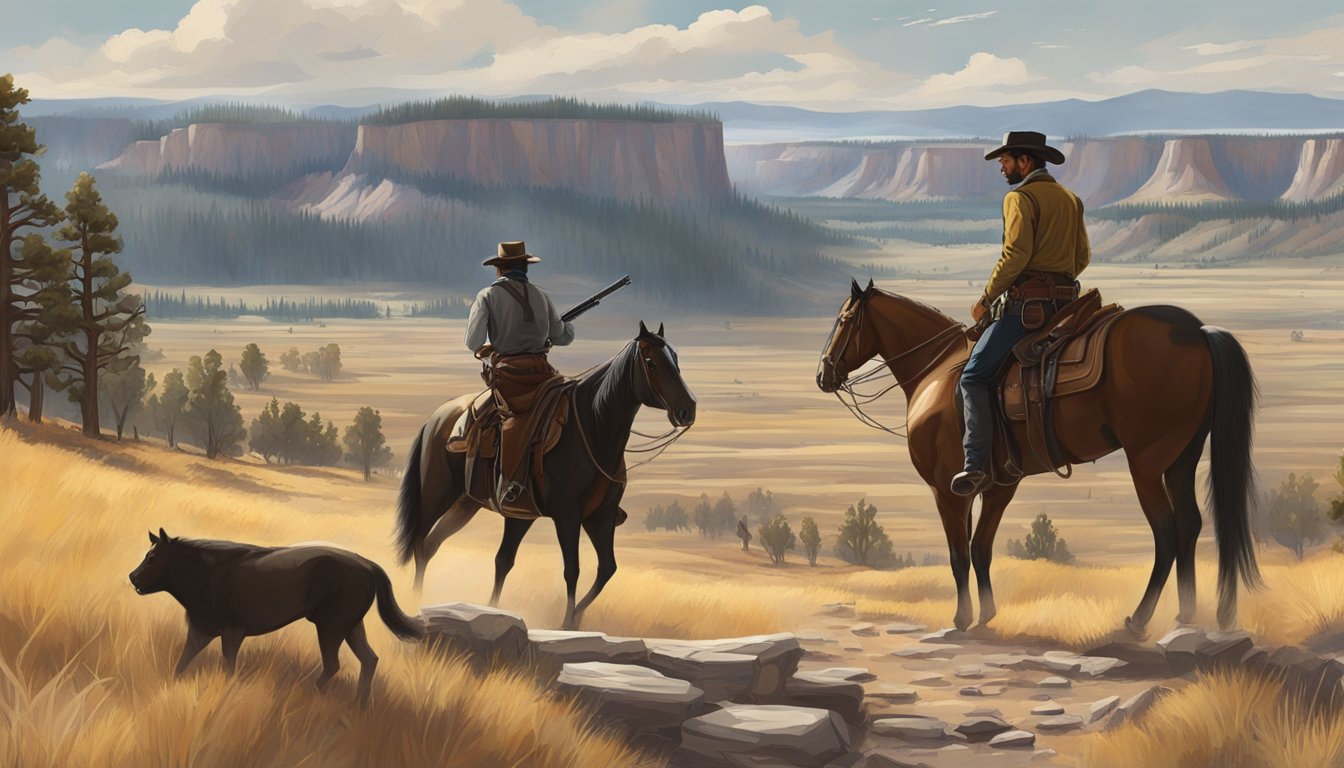 A sprawling western landscape with Yellowstone's John Dutton on horseback, surveying his vast ranch, while Django stands tall in the midst of a chaotic gunfight