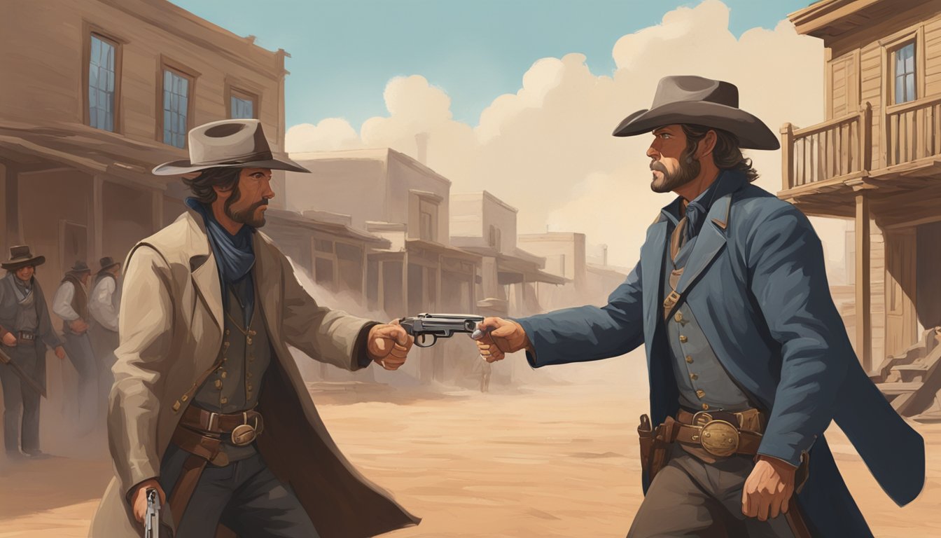 A tense standoff in a dusty western town, with two iconic figures facing off, their eyes locked in a battle of wills