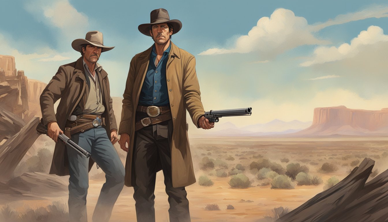 A tense standoff between two iconic Western heroes, John Dutton and Matt Dillon, as they face off in a dusty, rugged landscape with their guns drawn