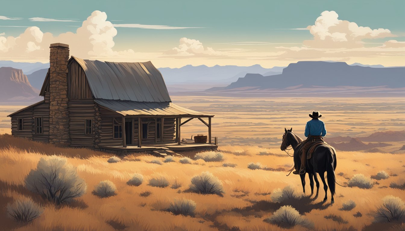 A rugged cowboy on horseback surveys the vast, untamed landscape of the American West, with the iconic silhouette of a lone homestead in the distance