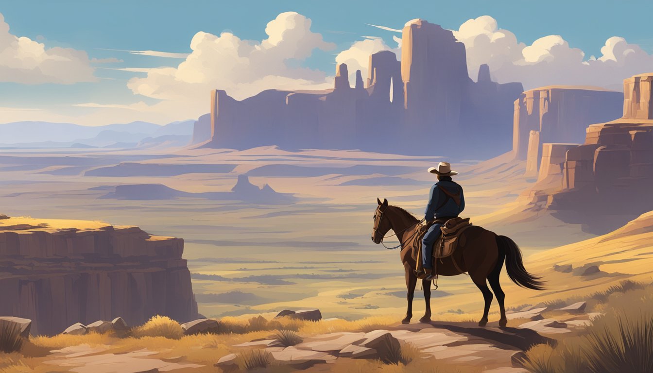 A rugged, picturesque western landscape with a lone figure on horseback, gazing out over the horizon