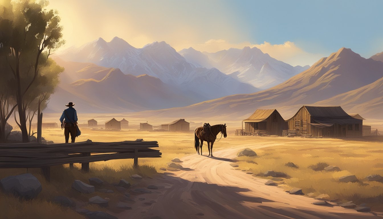 A lone figure stands in a dusty western town, surrounded by looming mountains and a sprawling ranch. The sun beats down on the rugged landscape, casting long shadows across the scene