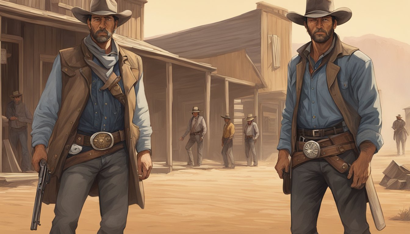 Two rugged cowboys face off in a dusty western town, each with a steely gaze and a hand resting on the grip of their holstered revolver