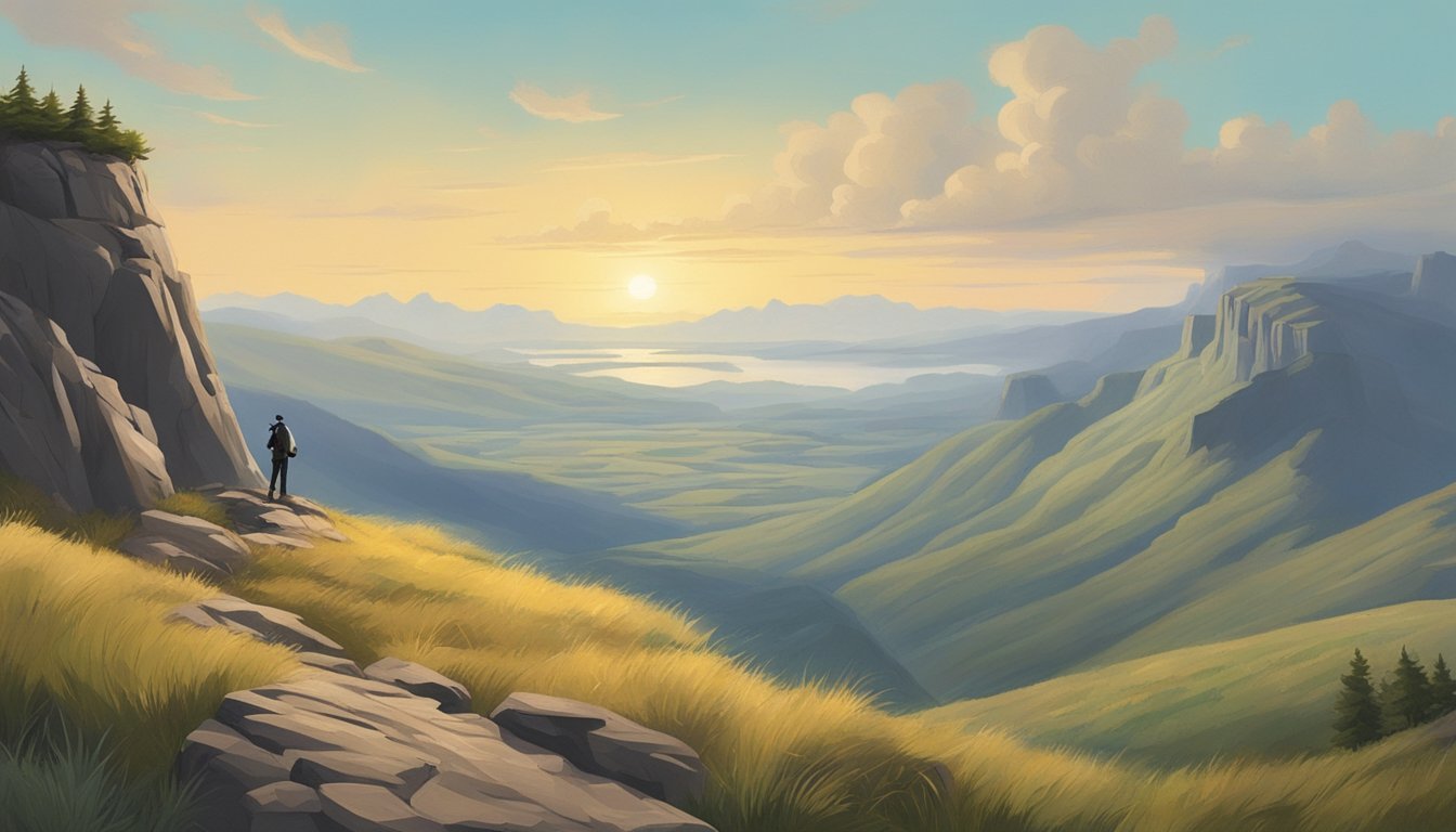 A lone figure stands atop a rugged cliff, overlooking a vast and untamed wilderness. The wind whips through the grass and the distant mountains loom large against the horizon