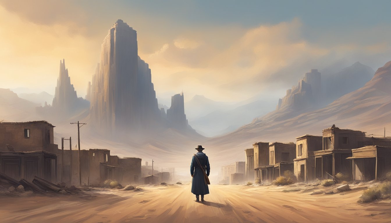 A lone figure stands tall in the center of a dusty street, surrounded by rugged buildings and a vast western landscape