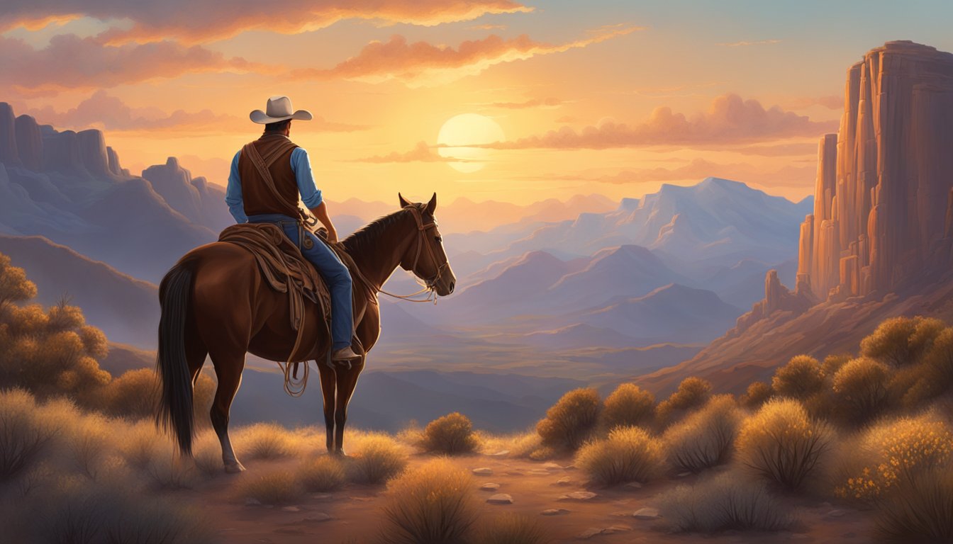 A rugged cowboy sits atop a majestic horse, surveying the vast, untamed wilderness of the American West. The sun sets behind the mountains, casting a warm glow over the scene