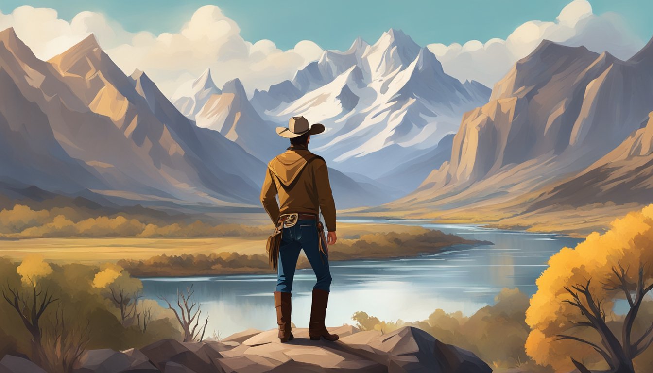 A rugged cowboy stands in front of a vast, untamed landscape, with a majestic mountain range and a flowing river in the background