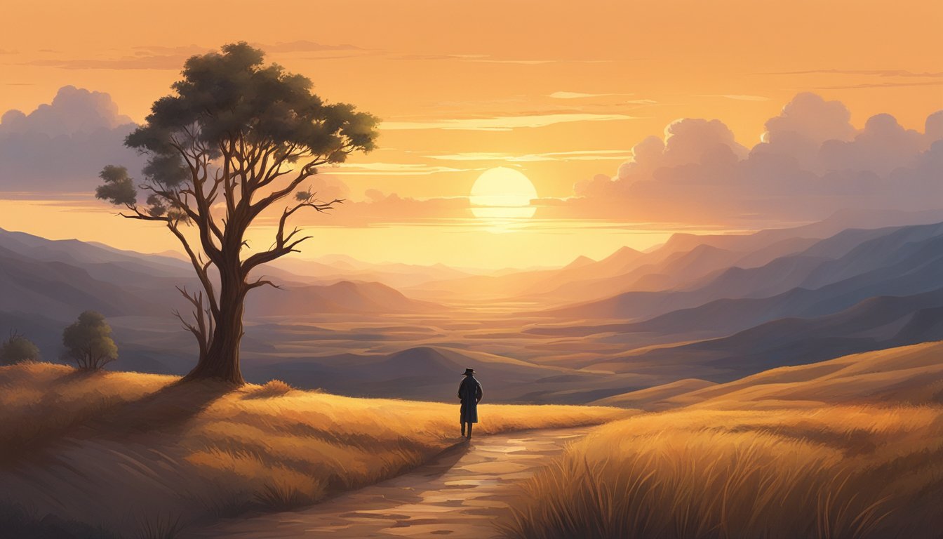 A lone figure stands in front of a sprawling western landscape, a symbol of strength and resilience. The setting sun casts a warm glow over the scene, emphasizing the hero's unwavering determination