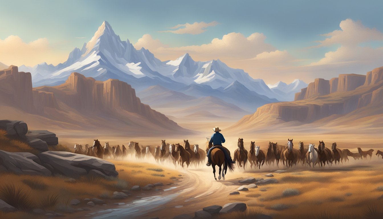 A lone cowboy rides through a rugged landscape, with a majestic mountain range in the background and a herd of wild horses running alongside him