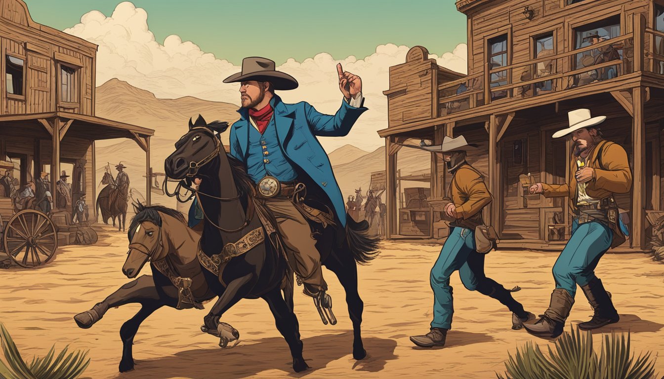 A showdown between John Dutton and Bart Maverick in a Wild West setting, with iconic symbols of their respective shows in the background