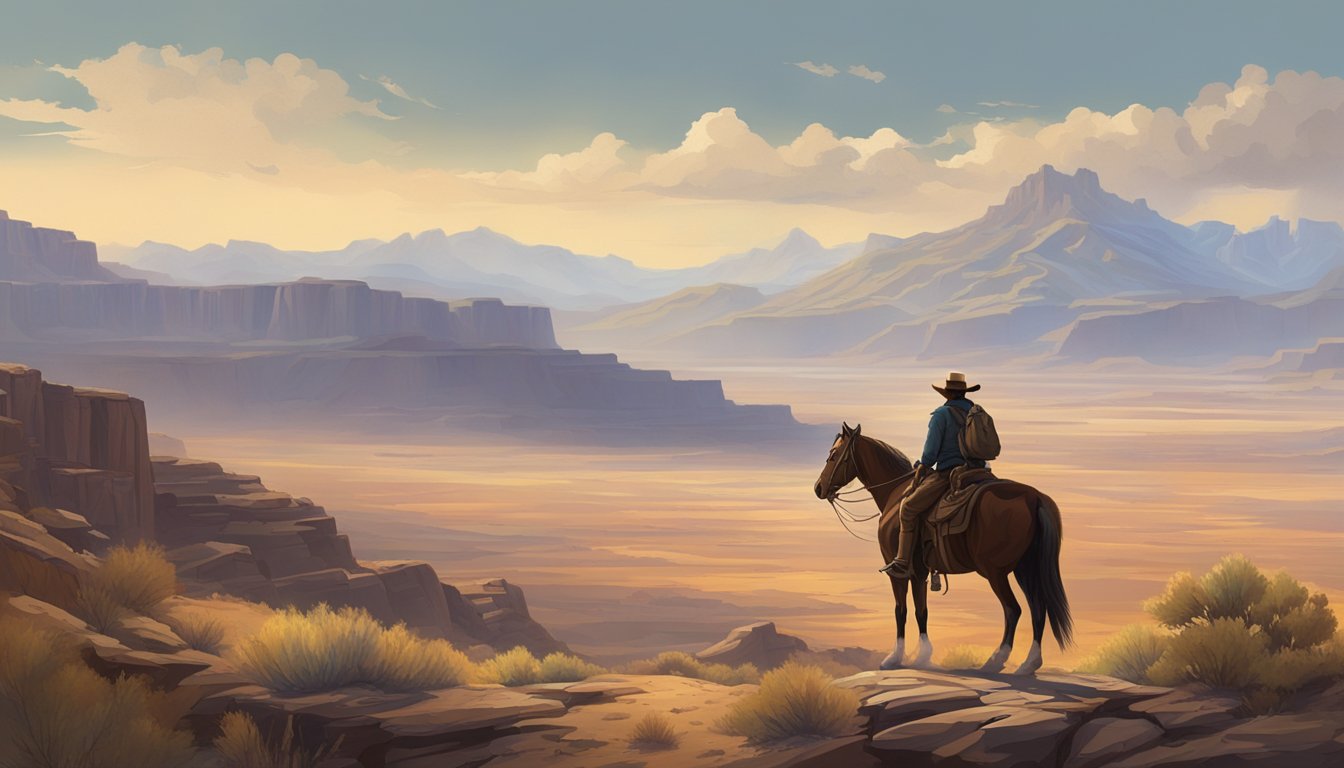 A lone figure on horseback surveys the vast, rugged landscape of the American West, with mountains in the distance and a sense of rugged determination in the air