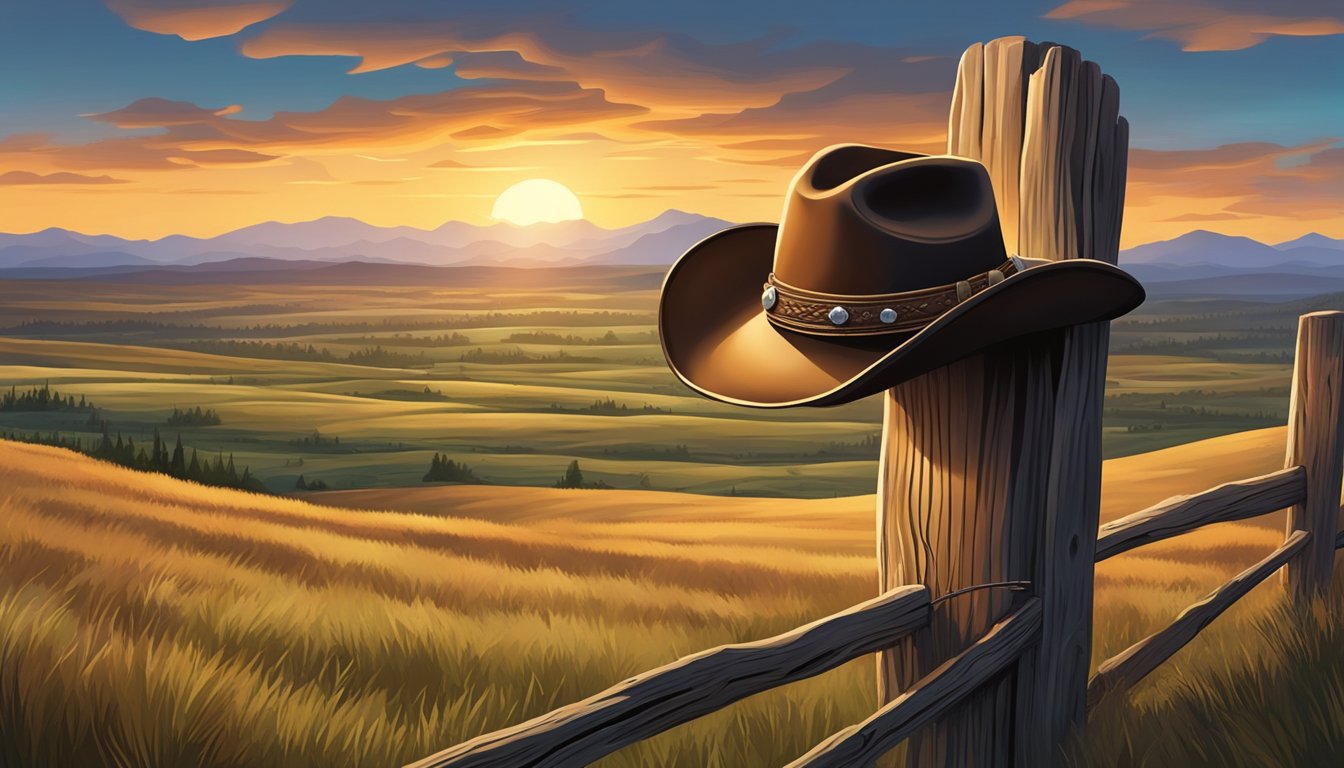 A rugged cowboy hat rests on a weathered fence post, surrounded by the vast expanse of a western landscape with rolling hills and a dramatic sunset