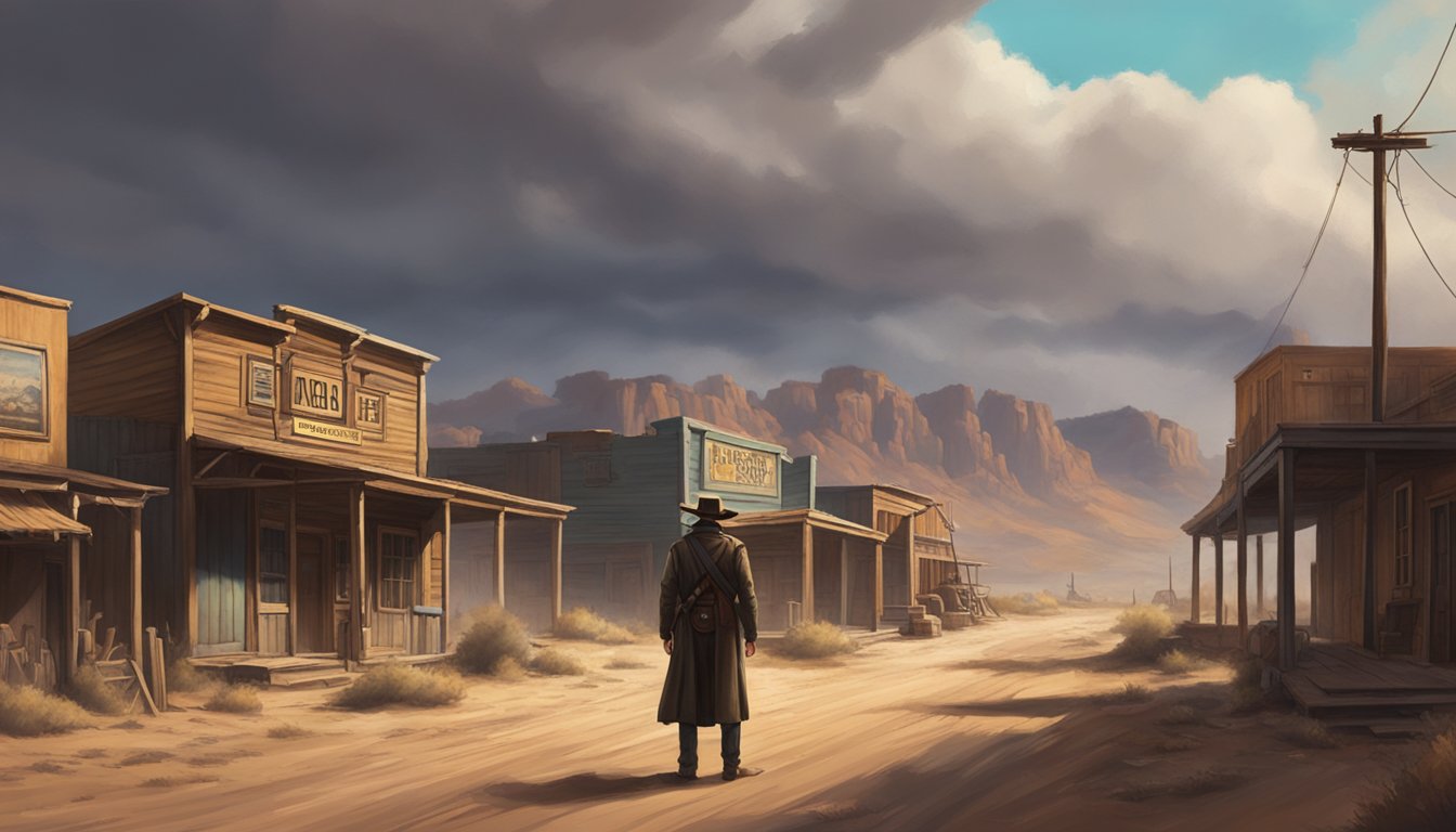 A dusty western town with a lone figure standing tall, surrounded by rugged mountains and a dramatic sky