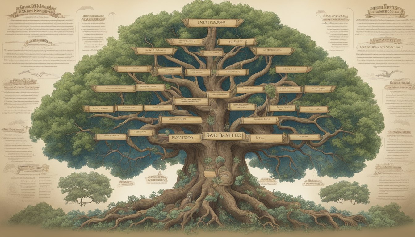 A sprawling family tree with branches reaching in different directions, adorned with the names of prominent Western heroes such as John Dutton and Bart Maverick