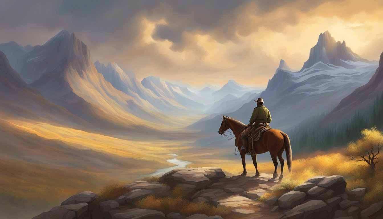 A lone figure on horseback surveys a vast, rugged landscape, framed by towering mountains and a dramatic sky