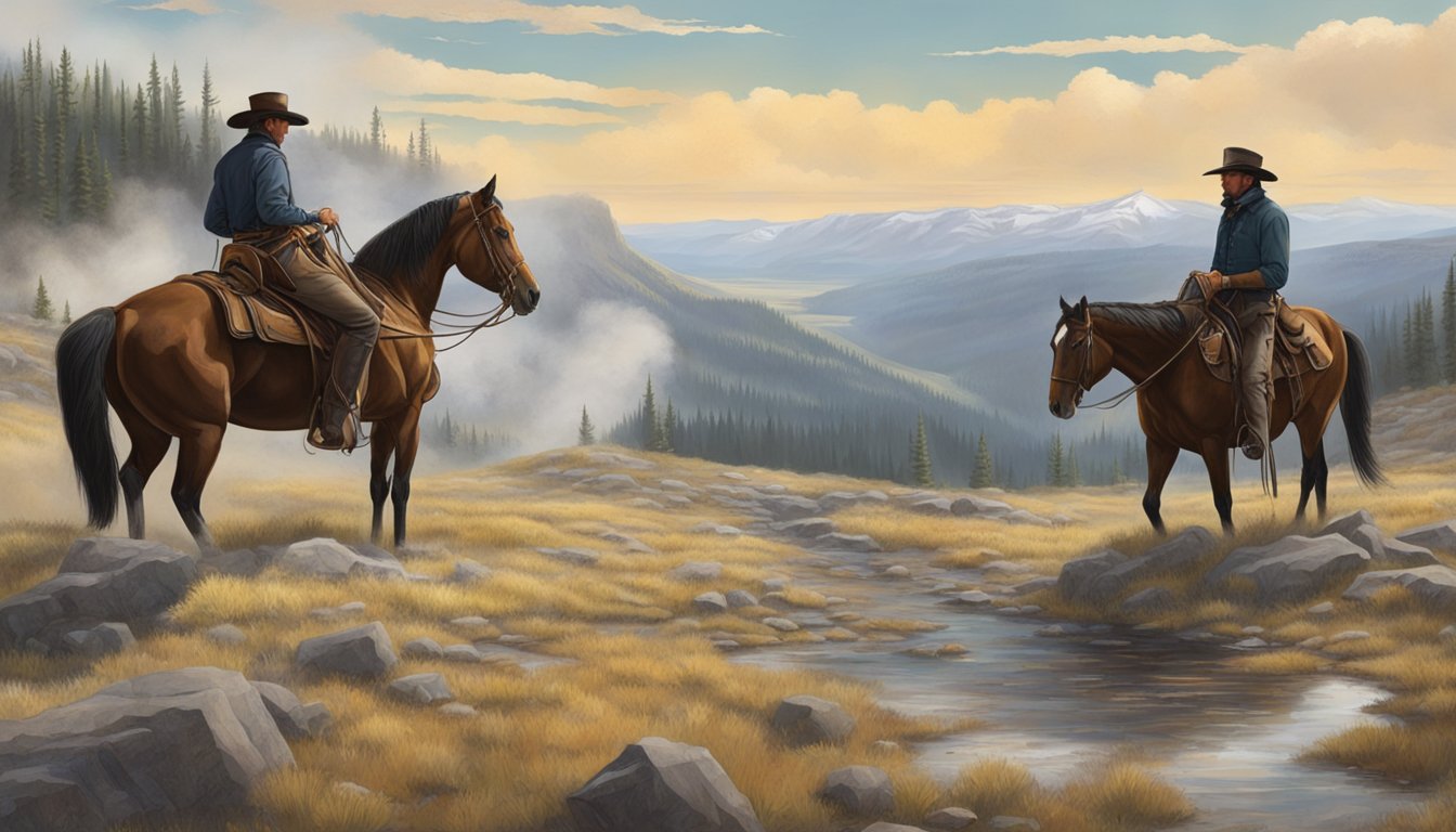 A tense standoff between John Dutton and Bart Maverick on the rugged terrain of Yellowstone, with their loyal horses by their sides