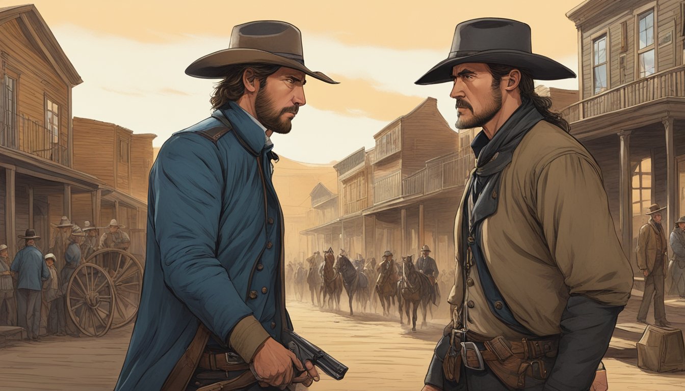 A tense standoff in a western town, with John Dutton on one side and Will Kane on the other, both exuding an air of authority and determination