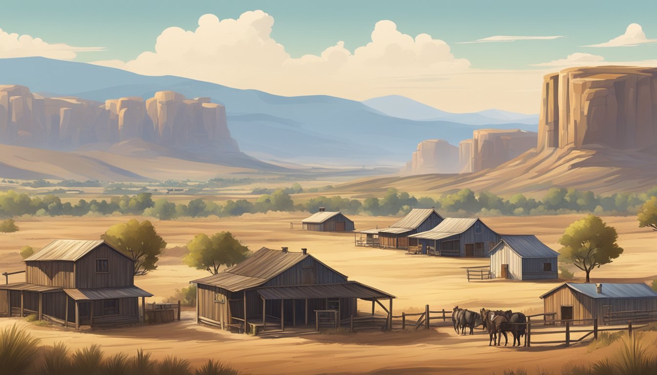 A dusty western town with two imposing ranches in the background. A rugged landscape with rolling hills and a clear blue sky