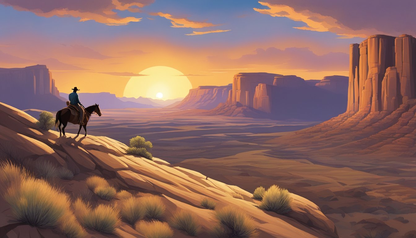 A lone figure on horseback surveys the vast, rugged landscape of the American West, with a dramatic sunset casting long shadows over the rocky terrain