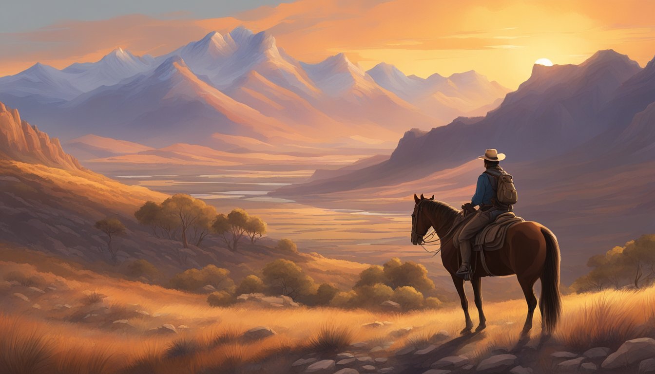 A lone figure on horseback surveys a rugged, untamed landscape with mountains in the distance. The sun sets behind them, casting a warm glow over the scene