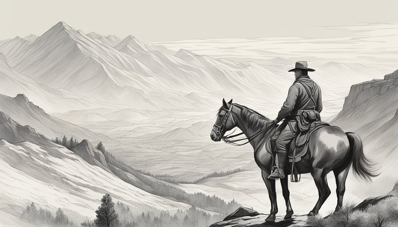 A lone figure on horseback surveys the vast, rugged landscape, with a sense of determination and strength emanating from his posture