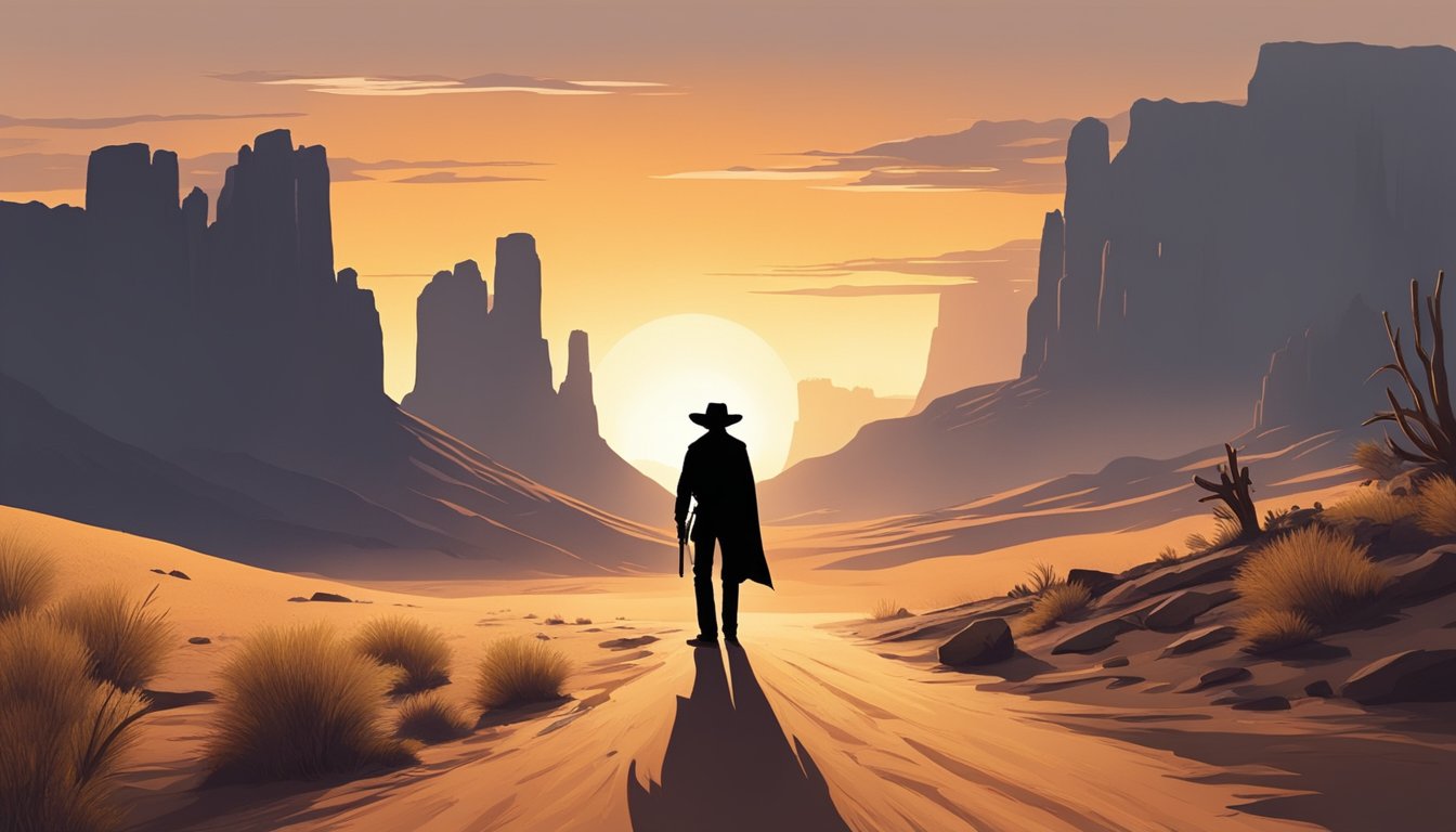 A lone figure stands in the dusty street, surrounded by the rugged landscape of the Wild West. The sun sets behind the silhouette, casting a dramatic shadow on the ground