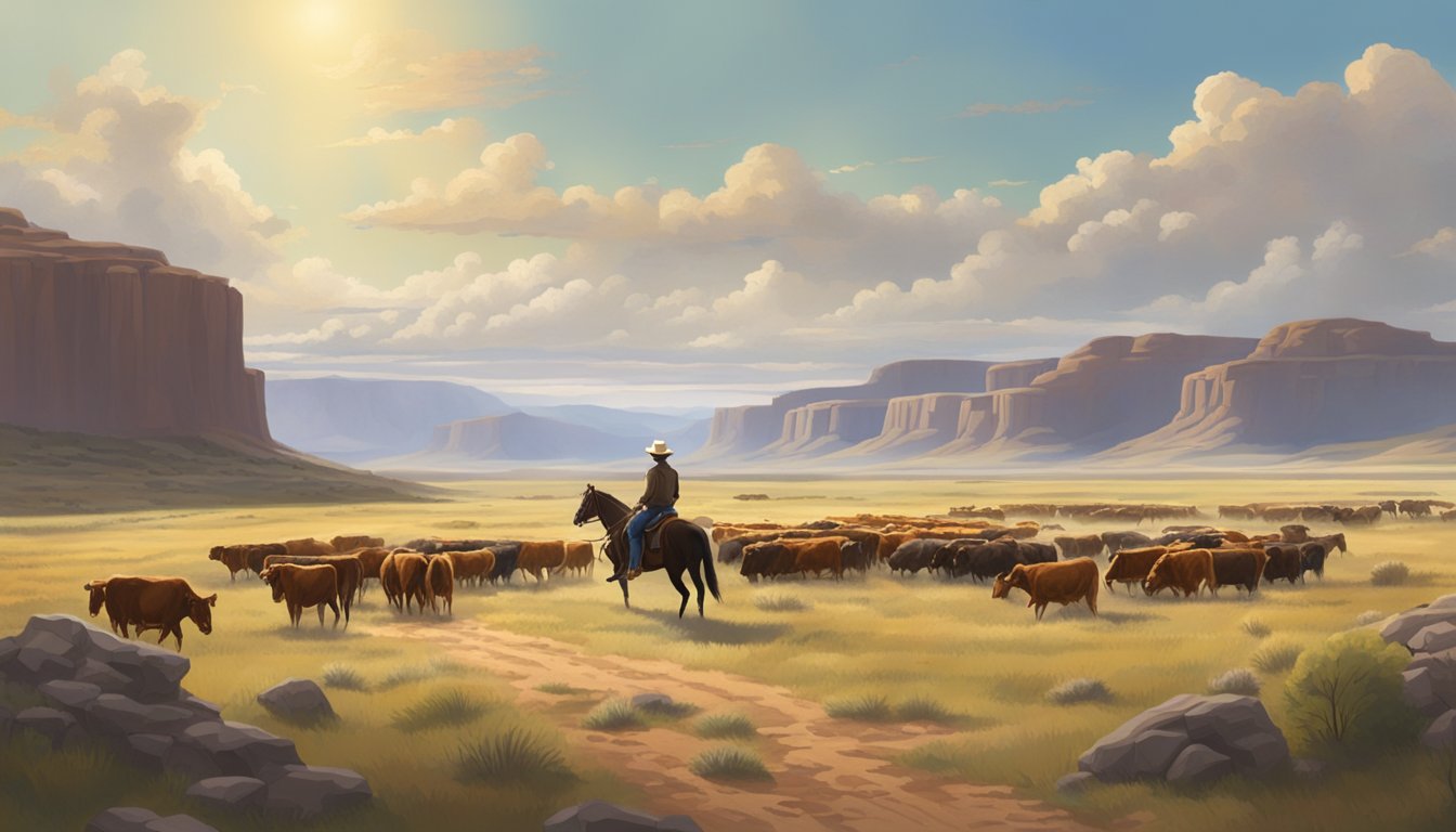 A sprawling ranch landscape with a rugged cowboy riding horseback, surrounded by cattle and vast open plains